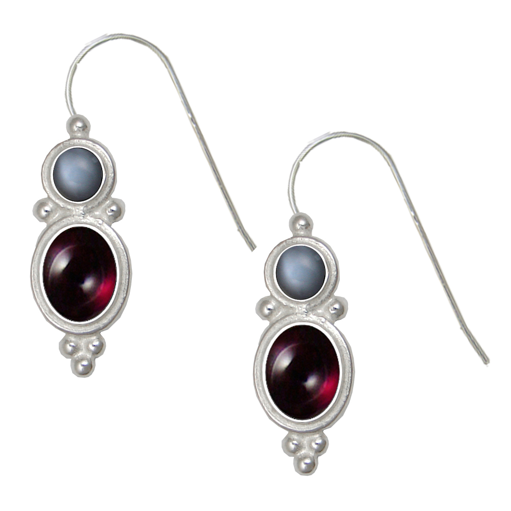 Sterling Silver Drop Dangle Earrings Garnet And Grey Moonstone